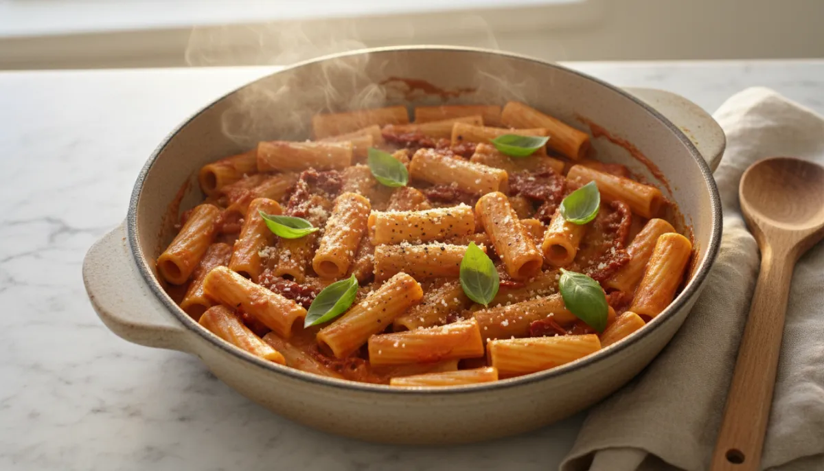 Plated presentation of One-Pot Creamy Vegan Rigatoni: The Soul of Italian Comfort