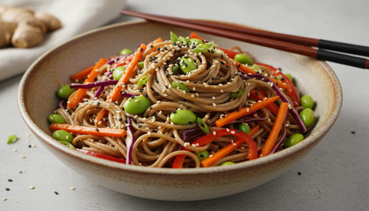 Plated presentation of The Soul of Japan in a Bowl: Easy Sesame-Ginger Soba Noodle Salad