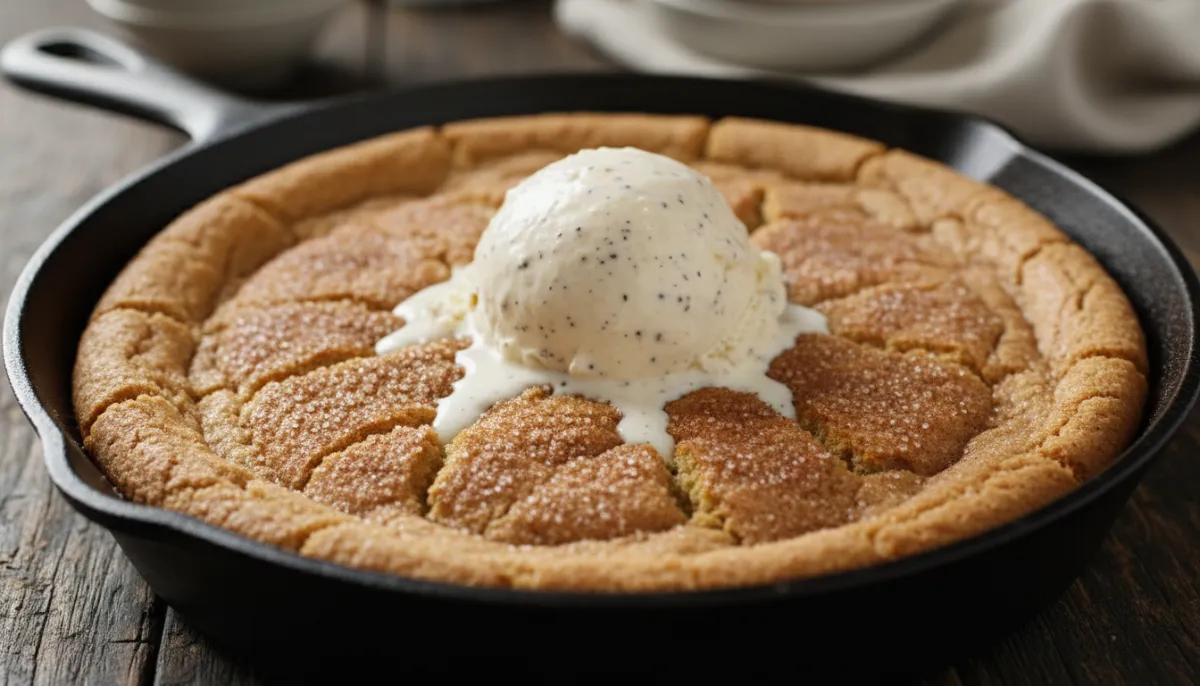 Plated presentation of Giant Snickerdoodle Skillet Cookie: The Ultimate Shareable Dessert