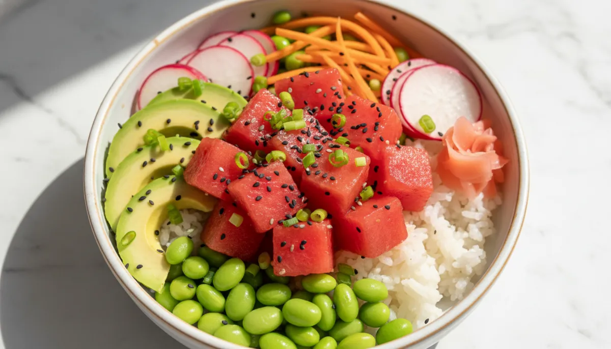 Plated presentation of Refreshing Vegan Watermelon Poke Bowls: A Plant-Based Twist
